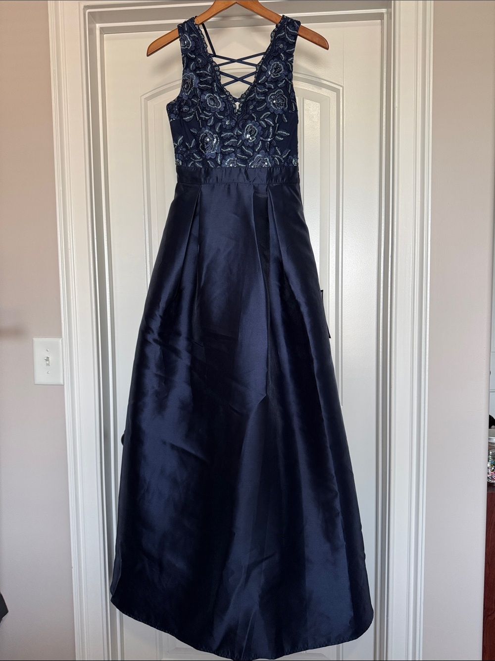 Trixxi Navy Embroidered Floral Satin A-Line Formal Dress